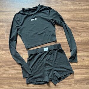 Black Long Sleeve Crop Top and Shorts Set